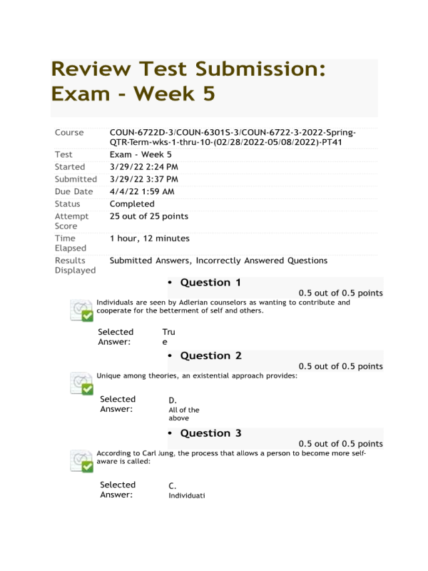 COUN 6722D-3, COUN 6301S-3, COUN 6722-3 Week 5 Midterm Exam (25 out of 25 points)