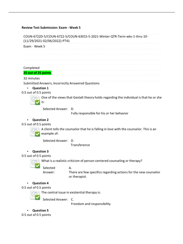 COUN 6722D-5, COUN 6722-5, COUN 6301S-5 Week 5 Midterm Exam (25 out of 25 points)