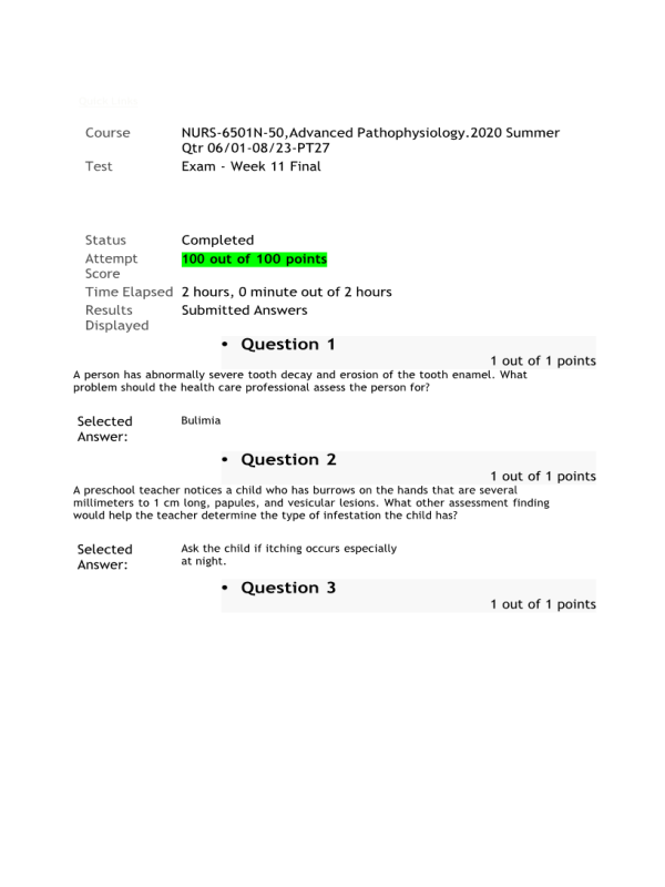 NURS 6501N-50 Week 11 Final Exam (100 out of 100 points)