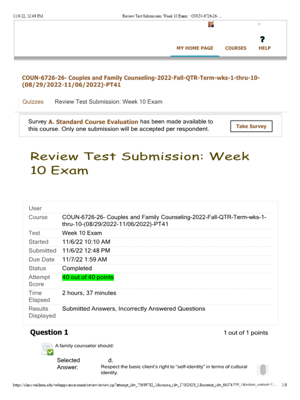 COUN 6726-26, Couples and Family Counseling, Week 10 Exam (Fall QTR)