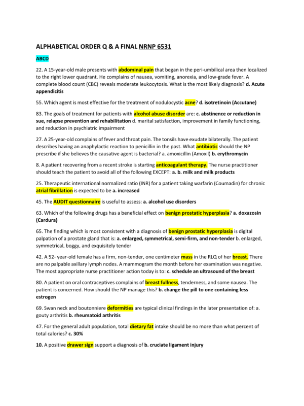 NRNP 6531 Week 11 Final Exam (ALPHABETICAL ORDER Q & A)