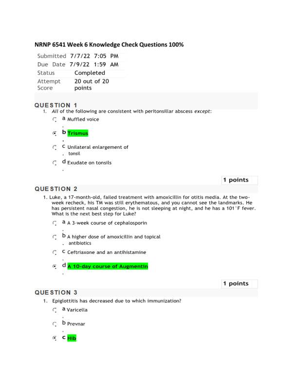 NRNP 6541 Week 6 Quiz - Knowledge Check (20 out of 20 Points)