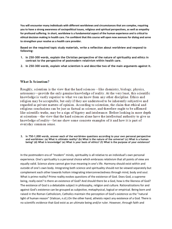 PHI 413V Topic 1 Assignment; Worldview & Personal Inventory