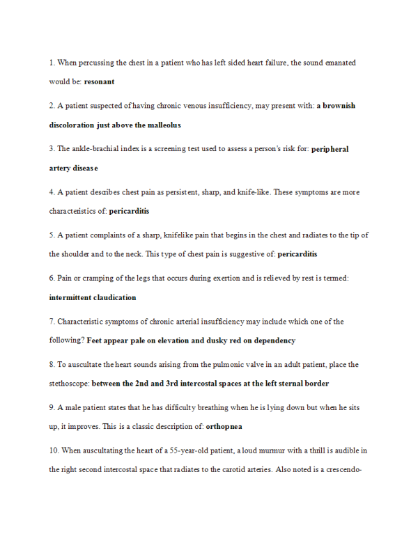 NUR 634 Topic 4 MyQBank Assignment; Cardiovascular (CV)