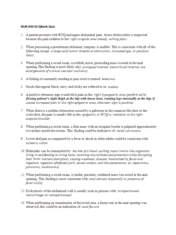 NUR 634 Topic 6 MyQBank Assignment; GI