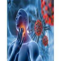 Male Holding Throat in Pain with COVID 19 Virus Cells