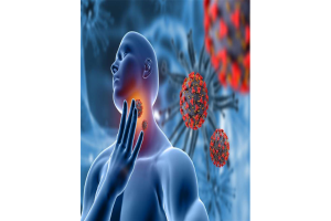 Male Holding Throat in Pain with COVID 19 Virus Cells