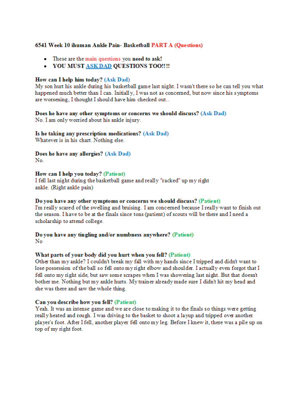 NRNP 6541 Week 10 iHuman Ankle Pain- Basketball (Part A)