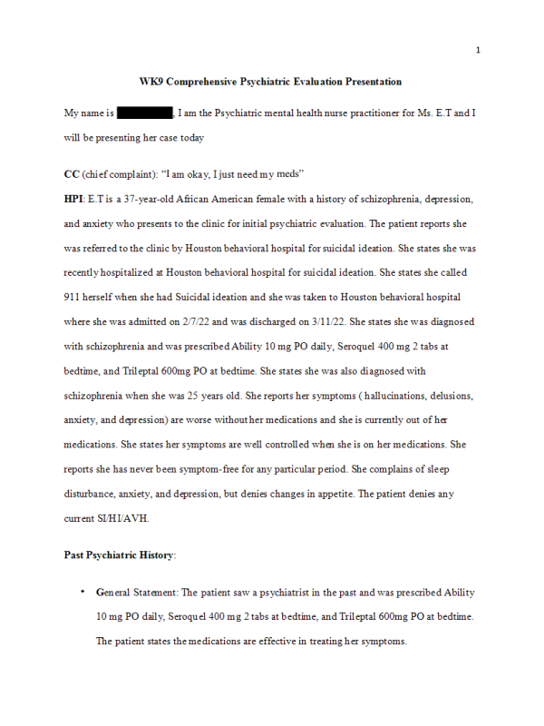 NRNP 6635 Week 9 Assignment; Comprehensive Psychiatric Evaluation Presentation