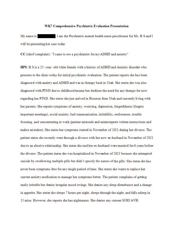PRAC 6635 Week 7 Assignment; Comprehensive Psychiatric Evaluation Presentation