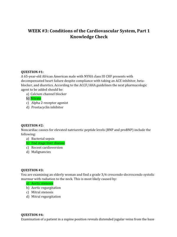 NRNP 6550 Week 3 Knowledge Check; Conditions of the Cardiovascular System, Part 1 (Grade; 10 out of 10)