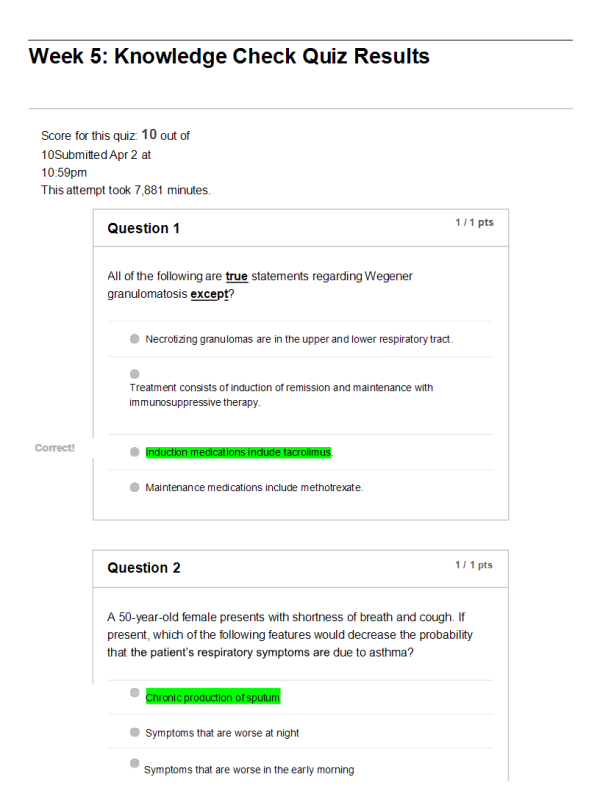 NRNP 6550 Week 5 Knowledge Check; CONDITIONS OF THE RESPIRATORY SYSTEM (Quiz Score 10 out of 10)