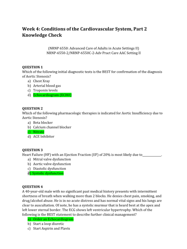 NRNP 6550-2, NRNP 6550C-2, Week 4 Knowledge Check; Conditions of the Cardiovascular System, Part 2 (Grade; 10 out of 10)