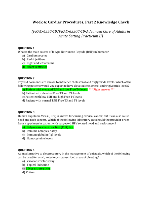 PRAC 6550-19 Week 4 Knowledge Check; Cardiac Procedures, Part 2 (Grade; 10 out of 10)