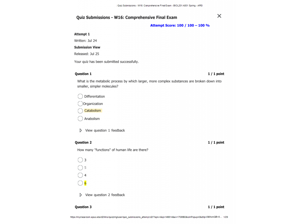 BIOL201 Week 16 Cumulative Final Exam | Course Resources
