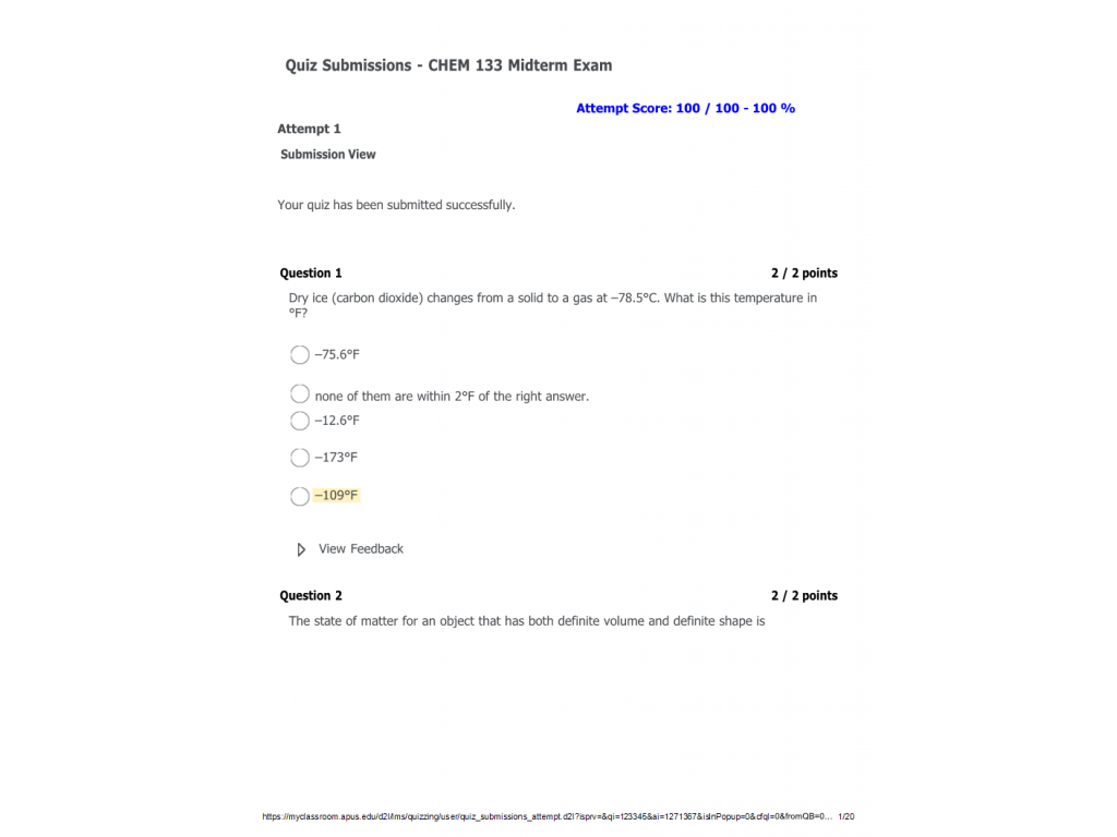 CHEM133 Week 7 Midterm Exam; Attempt Score 100% | Course Resources