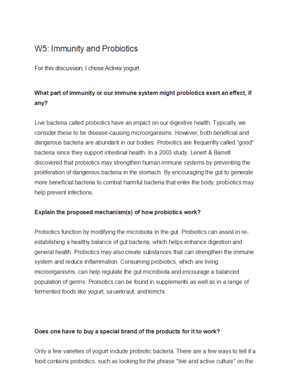 BIOL202 Week 5 Discussion; Immunity and Probiotics BIOL202 Week 5 Discussion; Immunity and Probiotics