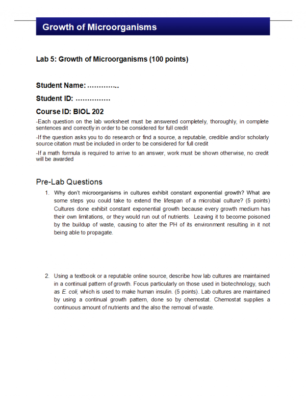 BIOL202 Week 5 Lab 5; Growth of Microorganisms BIOL202 Week 5 Lab 5; Growth of Microorganisms