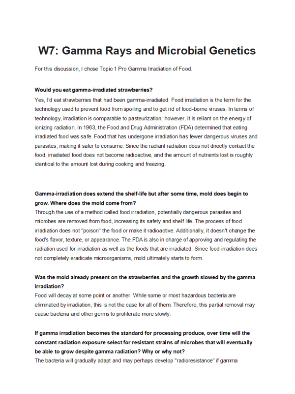 BIOL202 Week 7 Discussion; Gamma Rays and Microbial Genetics BIOL202 Week 7 Discussion; Gamma Rays and Microbial Genetics