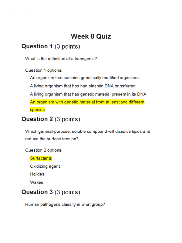 BIOL202 Week 8 Quiz - Score 100% BIOL202 Week 8 Quiz - Score 100%