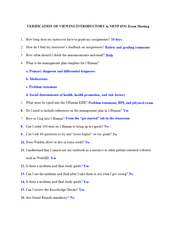 NRNP 6531 Week 1 Fill out verification form and quiz - VERIFICATION OF VIEWING INTRODUCTORY