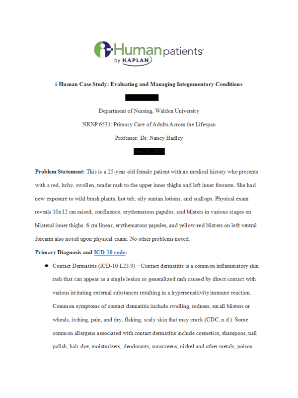 NRNP 6531 Week 2 Assignment; i-Human Case Study; Evaluating and Managing Integumentary Conditions