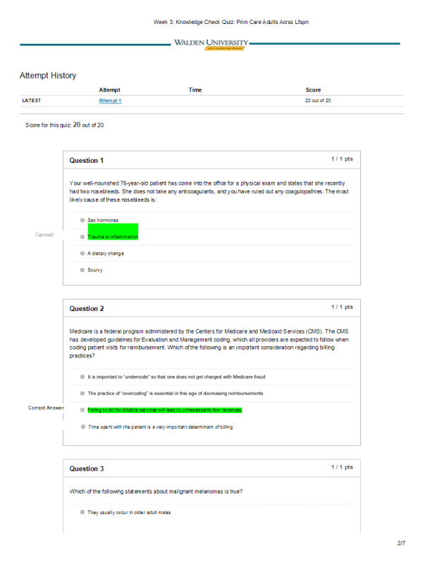 NRNP 6531 Week 3 Knowledge Check Quiz; Score 20 out of 20