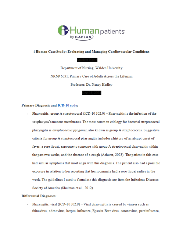NRNP 6531 Week 4 Assignment; i-Human Case Study; Evaluating and Managing Cardiovascular Conditions