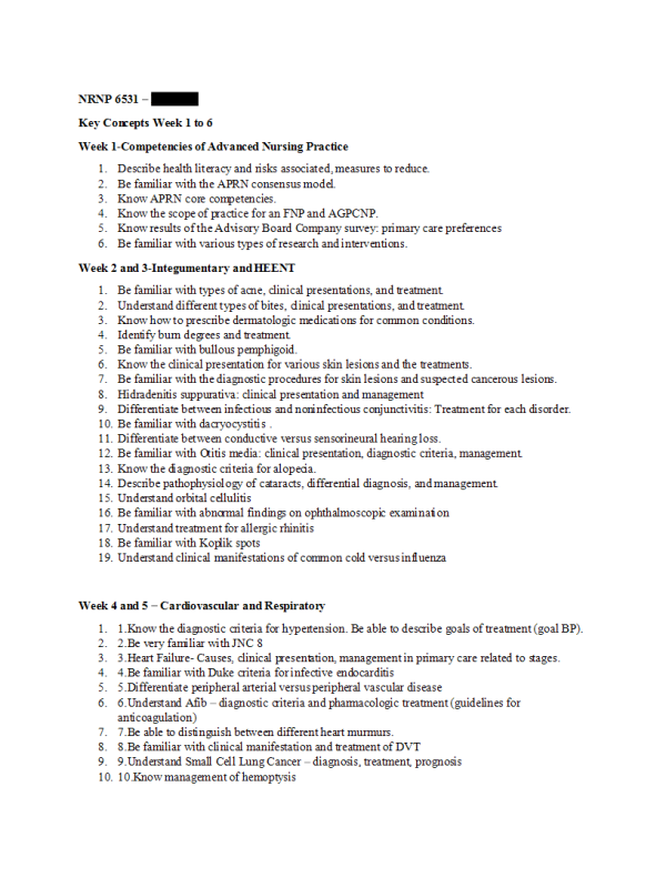 NRNP 6531 Week 6 Midterm Exam - Key Concepts Week 1 to 6