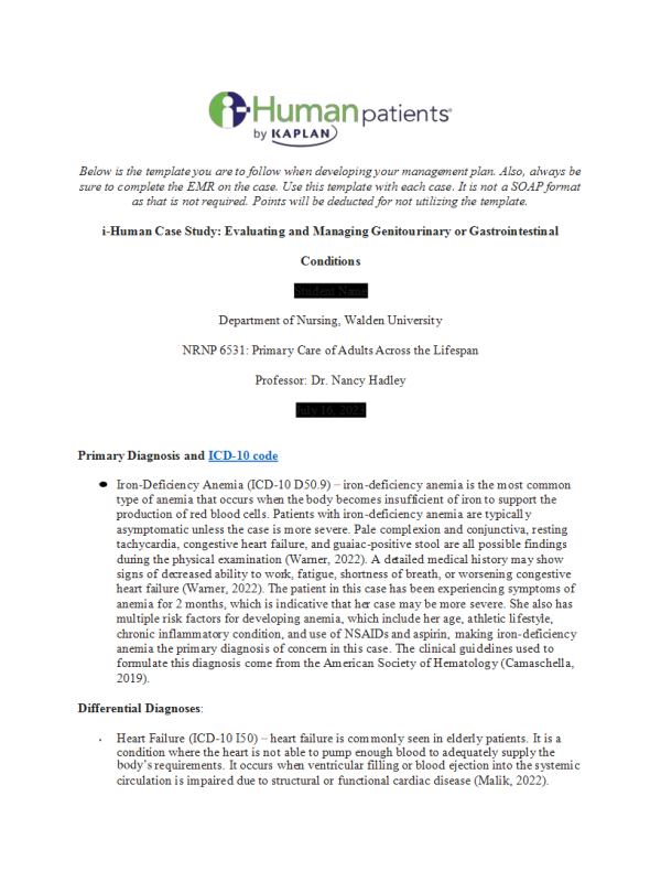 NRNP 6531 Week 7 Assignment; i-Human Case Study; Evaluating and Managing Genitourinary or Gastrointestinal Conditions