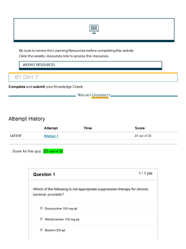 NRNP 6531 Week 8 Knowledge Check Quiz; Score 20 out of 20