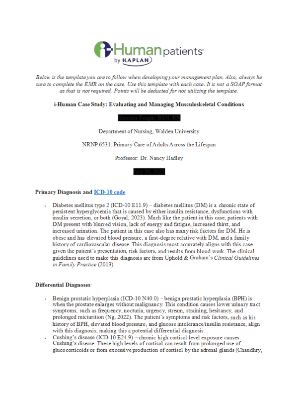 NRNP 6531 Week 9 Assignment; i-Human Case Study Evaluating and Managing Musculoskeletal Conditions