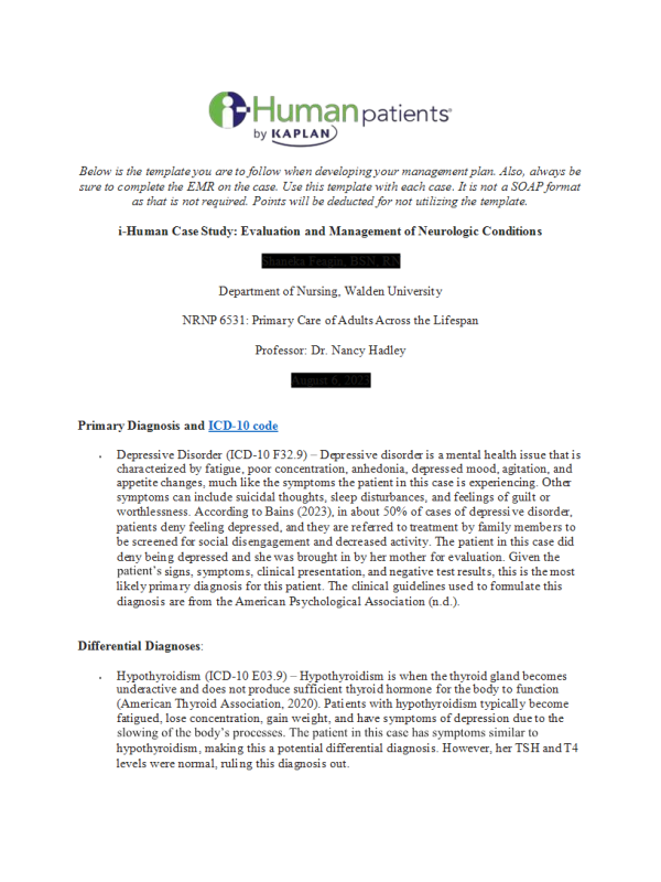NRNP 6531 Week 10 Assignment; i-Human Case Study Evaluation and Management of Neurologic Conditions