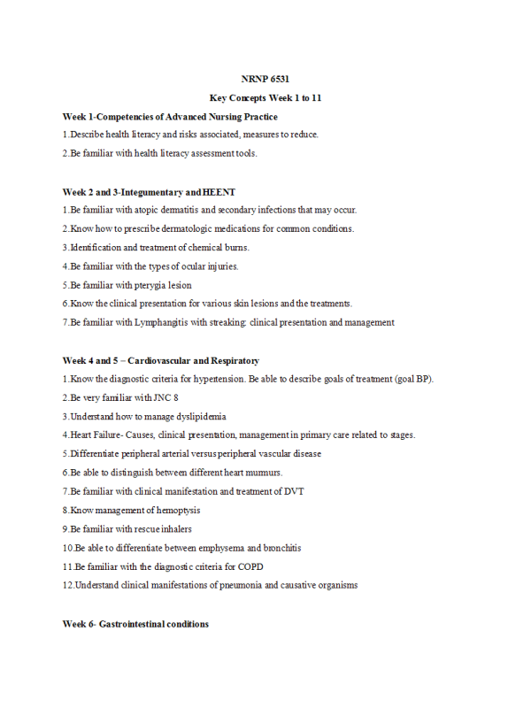 NRNP 6531 Week 11 Final Exam - Key Concepts Week 1 to 11