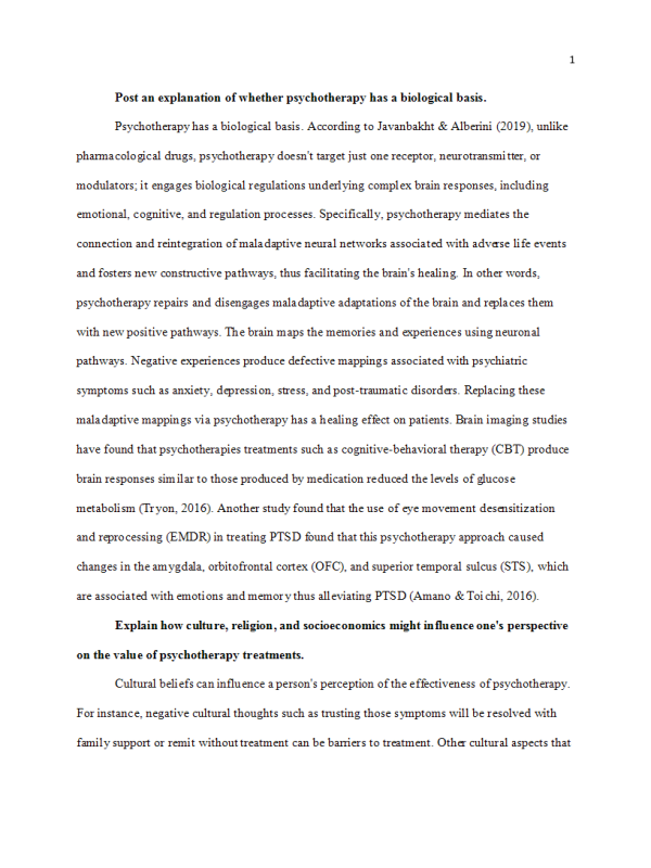 NRNP 6645 Week 1 Discussion; Biological Basis and Ethical Legal Considerations of Psychotherapy -Original Post and Responses