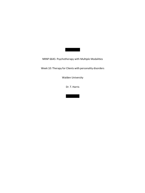 NRNP 6645 Week 10 Assignment; Therapy for Clients with personality disorders