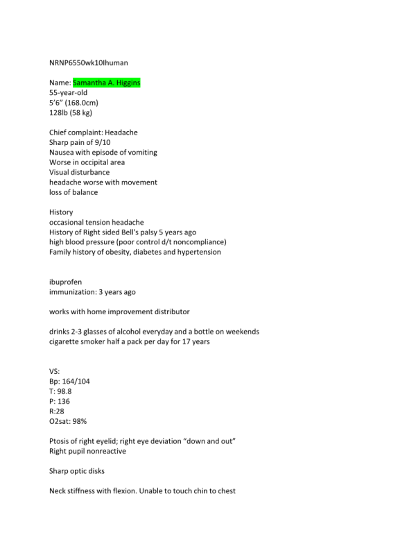 NRNP 6550 Week 10 i-Human Case Study Samantha A