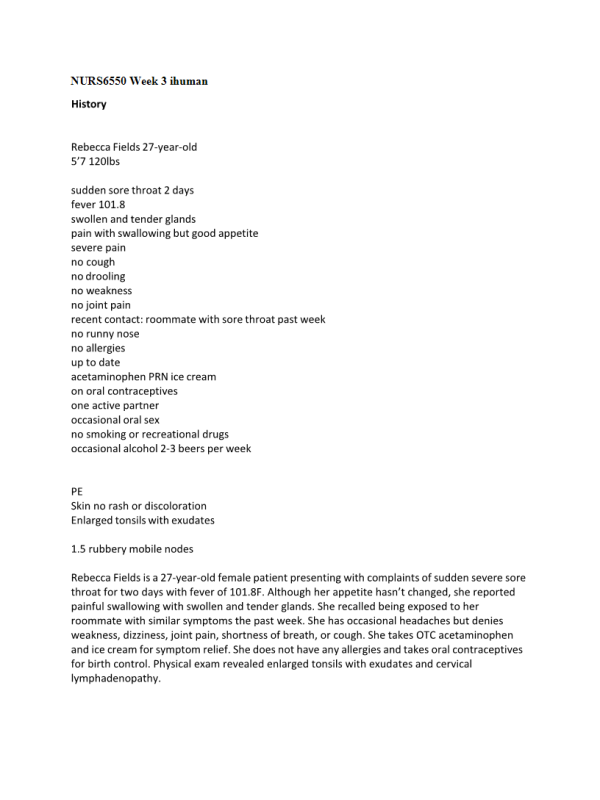 NRNP 6550 Week 3 iHuman; Rebecca Fields 27-year-old