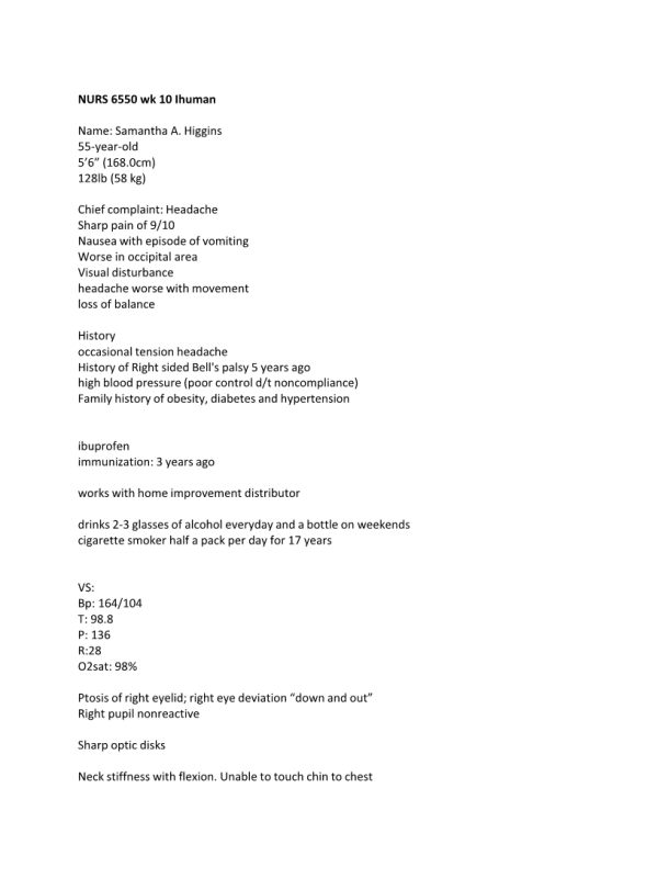 NRNP 6550 Week 10 iHuman; Samantha A. Higgins 55-year-old