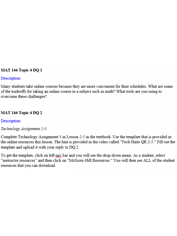 Mat 144 MAT 144 Topic 4 DQ 1, DQ 2 | Course Resources